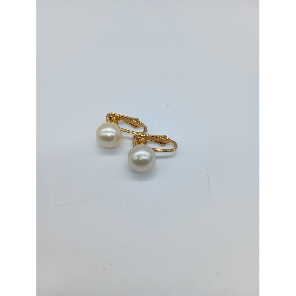 Vintage Gold Tone Faux Pearl Clip On Earrings Classic Round Cream Jewelry